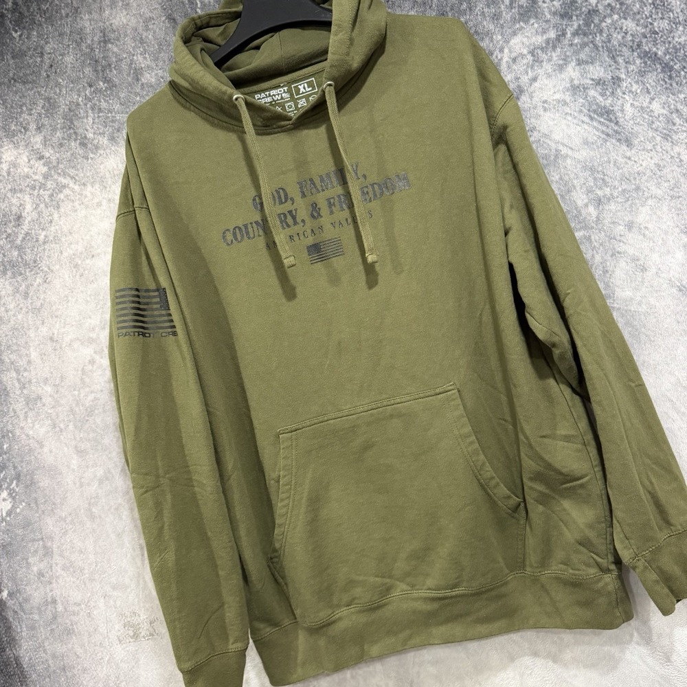 Patriot Crew Mens XL God Family Country Freedom Military Green Pullover Hoodie